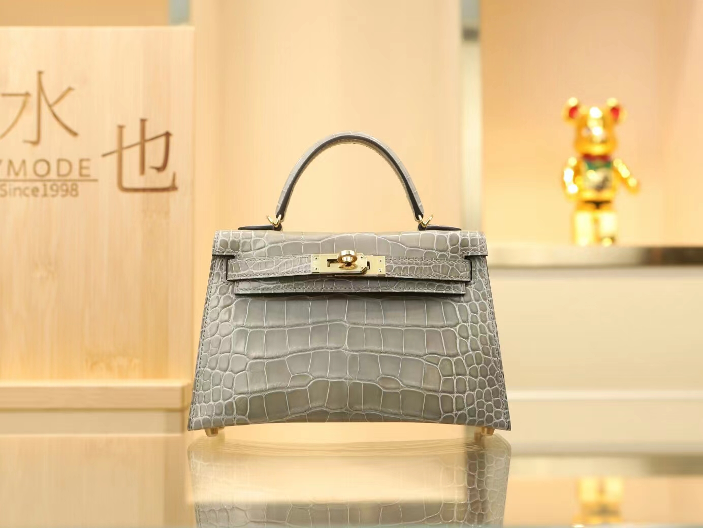Hermes Mini Kelly19CM 爱马仕CK81斑鸠灰亮面方块鳄鱼皮迷你凯莉包二代 金扣