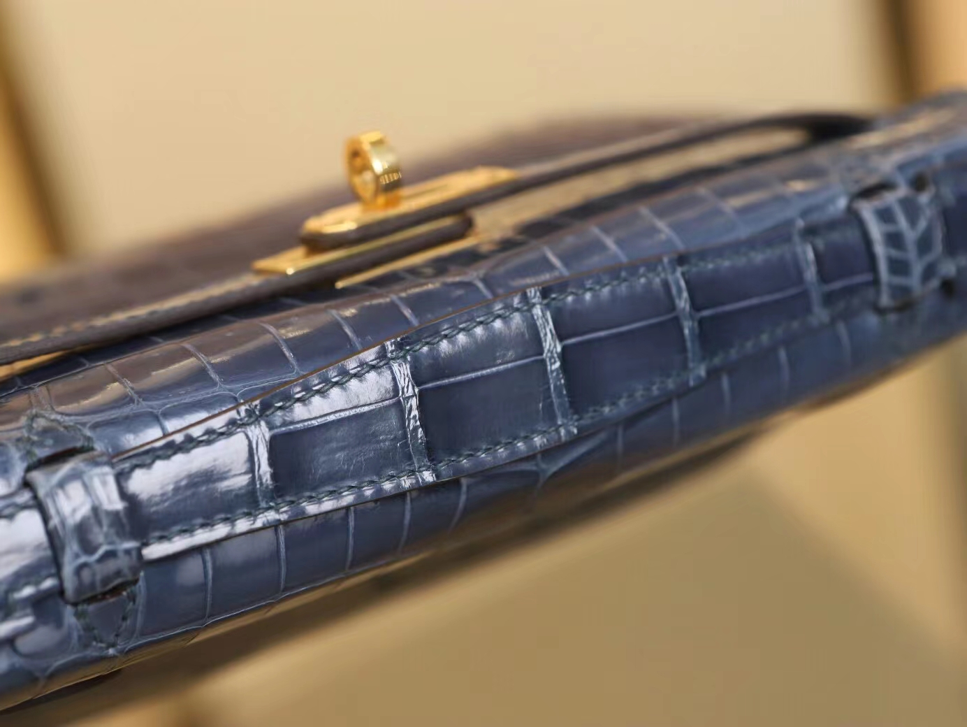 水也名品 爱马仕迷你凯莉包一代 Hermes N7风暴蓝亮面两点鳄鱼皮Mini Kelly Pochette22cm