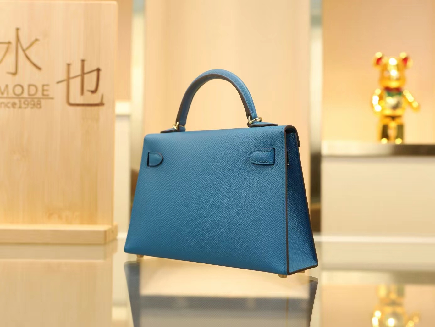 全手缝 Hermes爱马仕7W伊兹密尔蓝Blue izmir Epsom皮迷你凯莉包二代Mini Kelly19CM