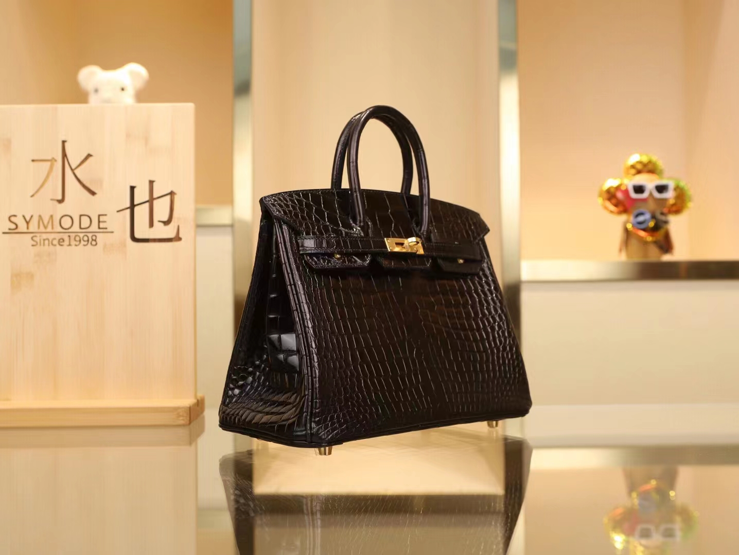 Hermes Birkin25CM 爱马仕89黑色Nior亮面倒V鳄鱼皮铂金包 金扣