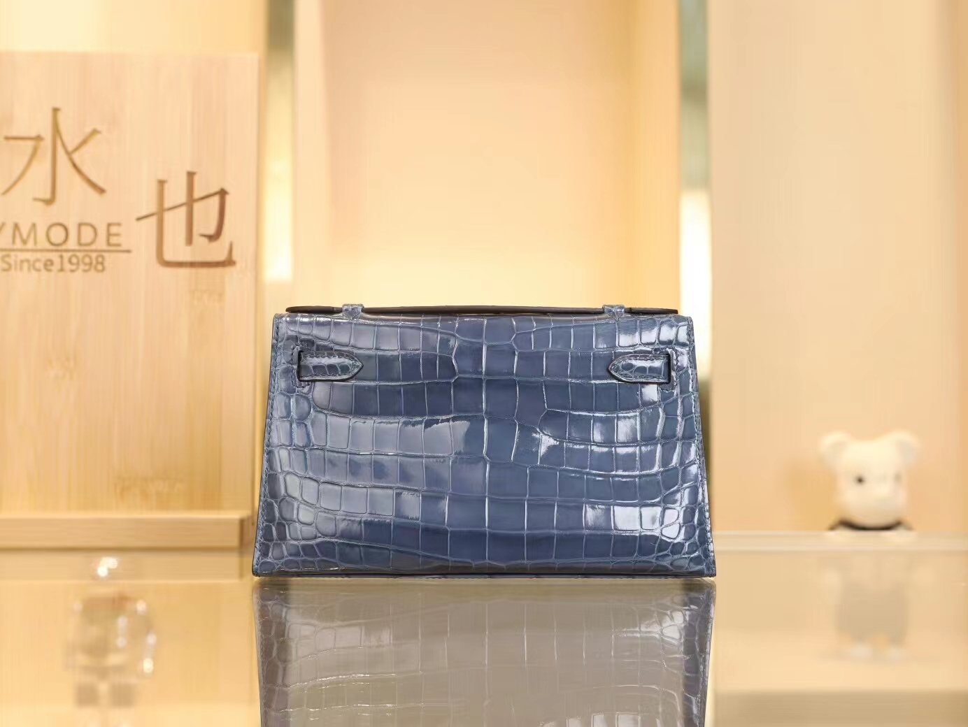 水也名品 爱马仕迷你凯莉包一代 Hermes N7风暴蓝亮面两点鳄鱼皮Mini Kelly Pochette22cm
