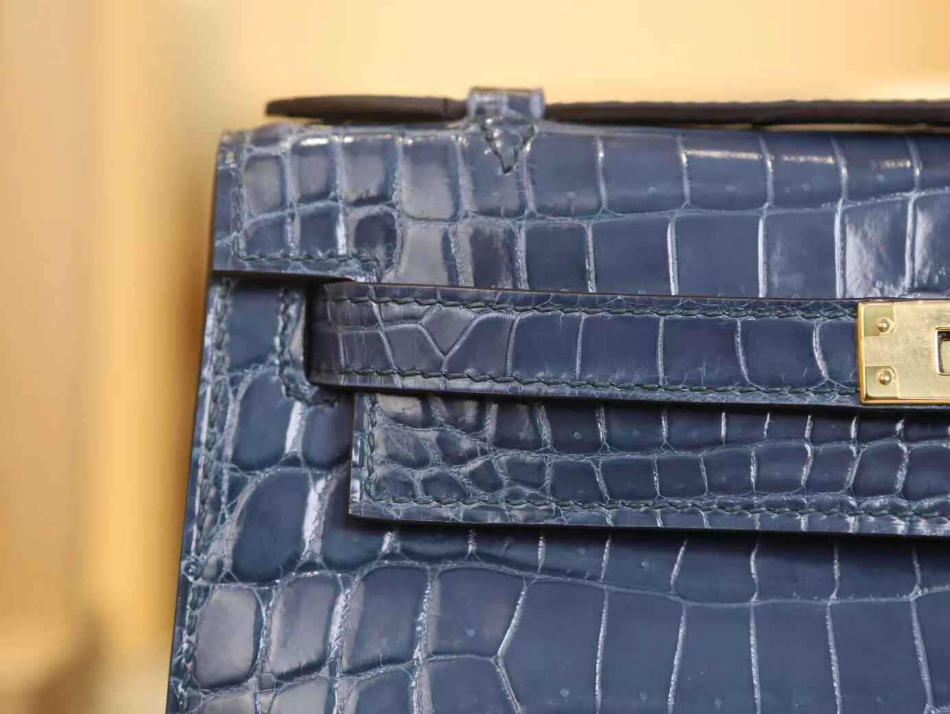 水也名品 爱马仕迷你凯莉包一代 Hermes N7风暴蓝亮面两点鳄鱼皮Mini Kelly Pochette22cm