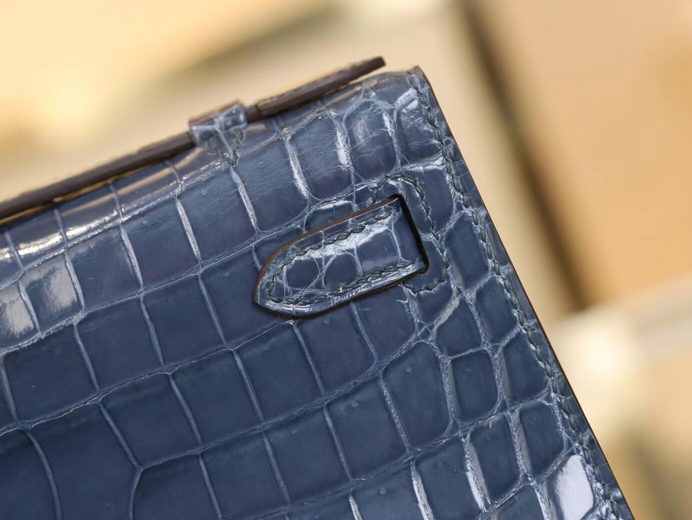 水也名品 爱马仕迷你凯莉包一代 Hermes N7风暴蓝亮面两点鳄鱼皮Mini Kelly Pochette22cm