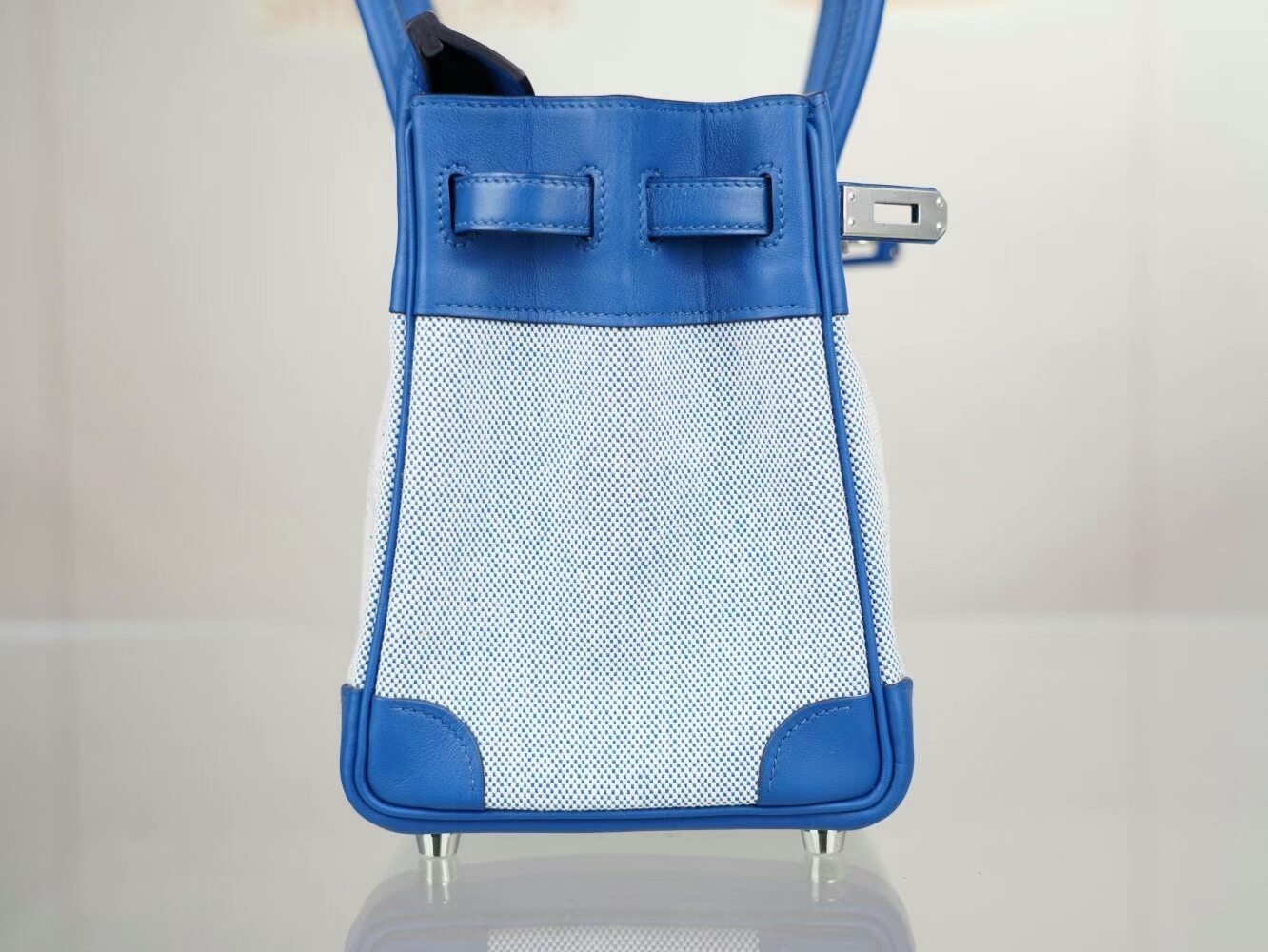 Hermes爱马仕限量款铂金包 帆布拼Swift皮CC71法国蓝Birkin25CM 银扣