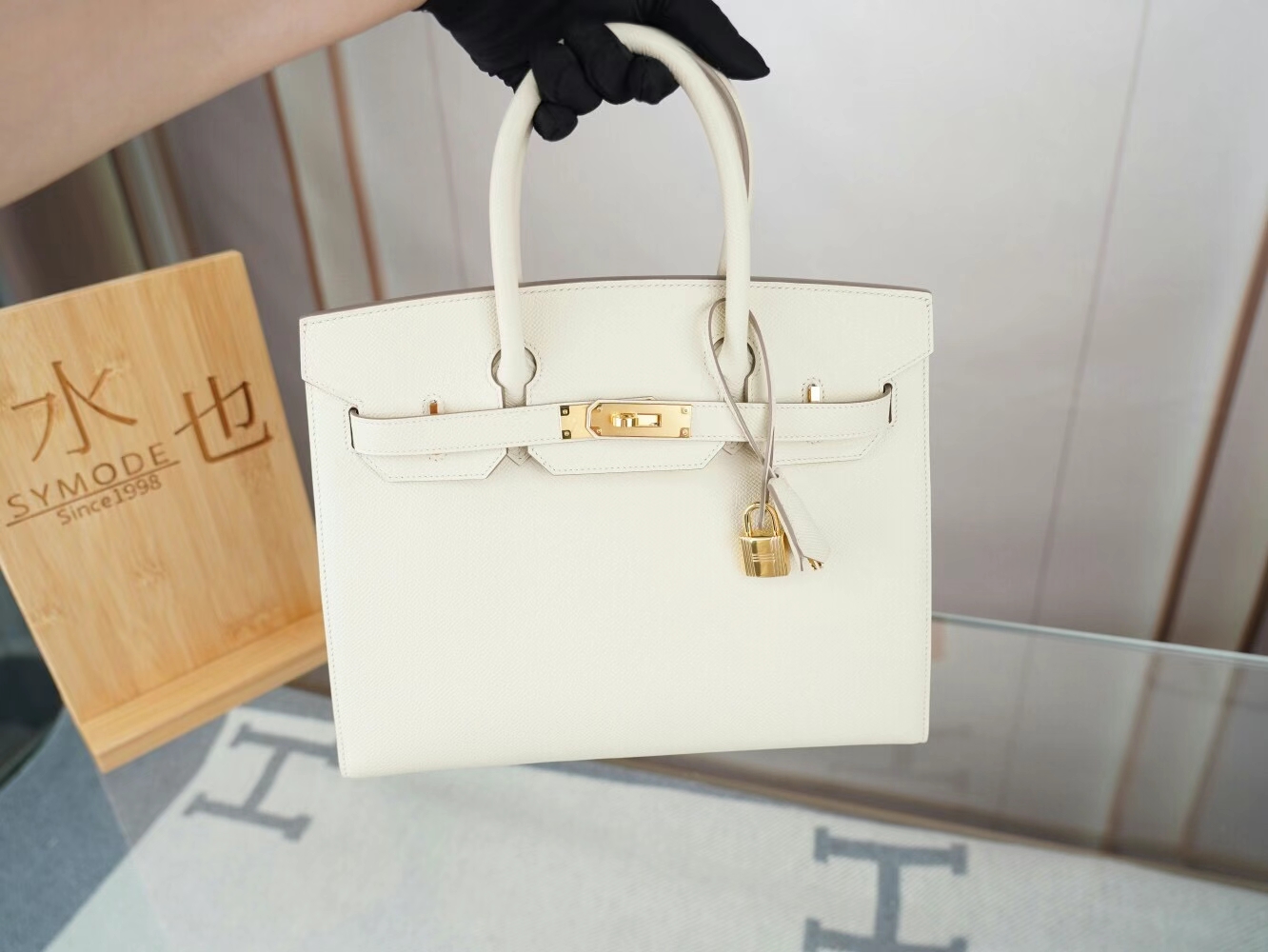 爱马仕包包官网 Hermes Birkin30CM CC10奶昔白Epsom皮铂金包外缝 金扣