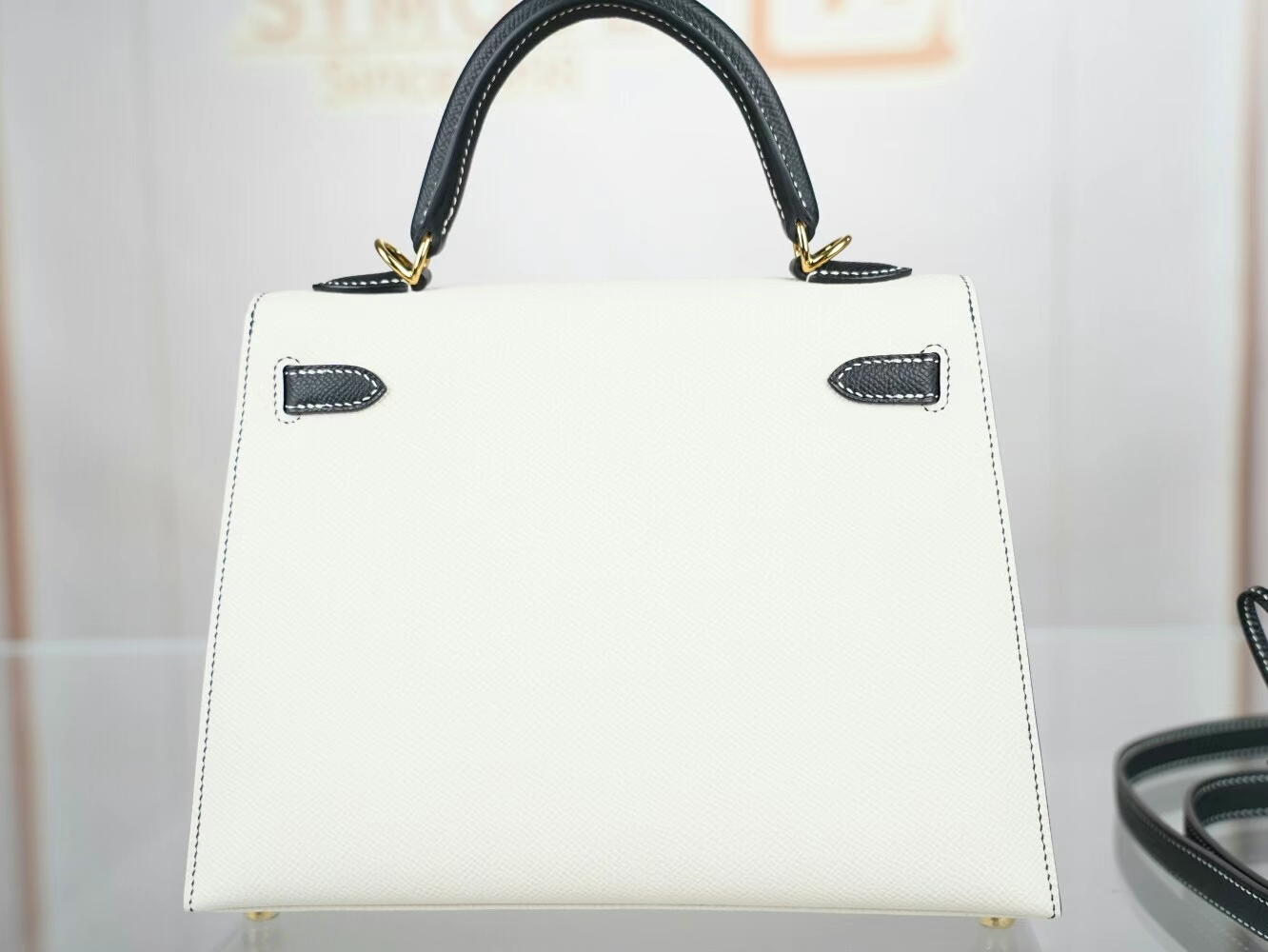 爱马仕限量熊猫包 Hermes Kelly 25CM 奶昔白拼黑色Epsom皮凯莉包 金扣