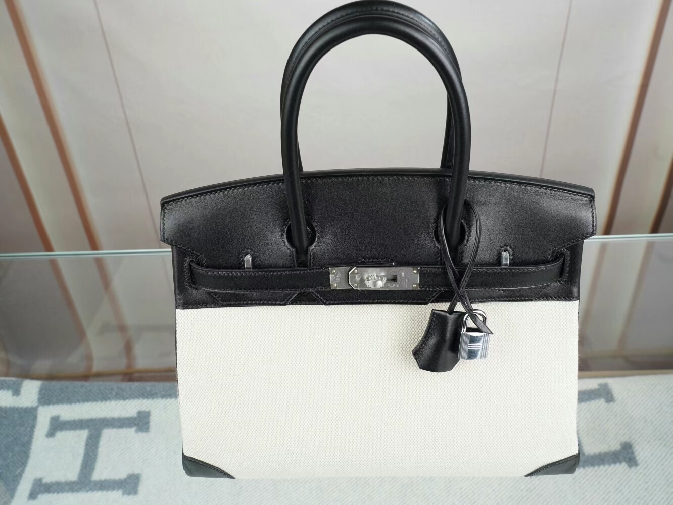 水也名品 Hermes Birkin30CM 爱马仕黑色马鞍皮拼帆布铂金包手提包 银扣