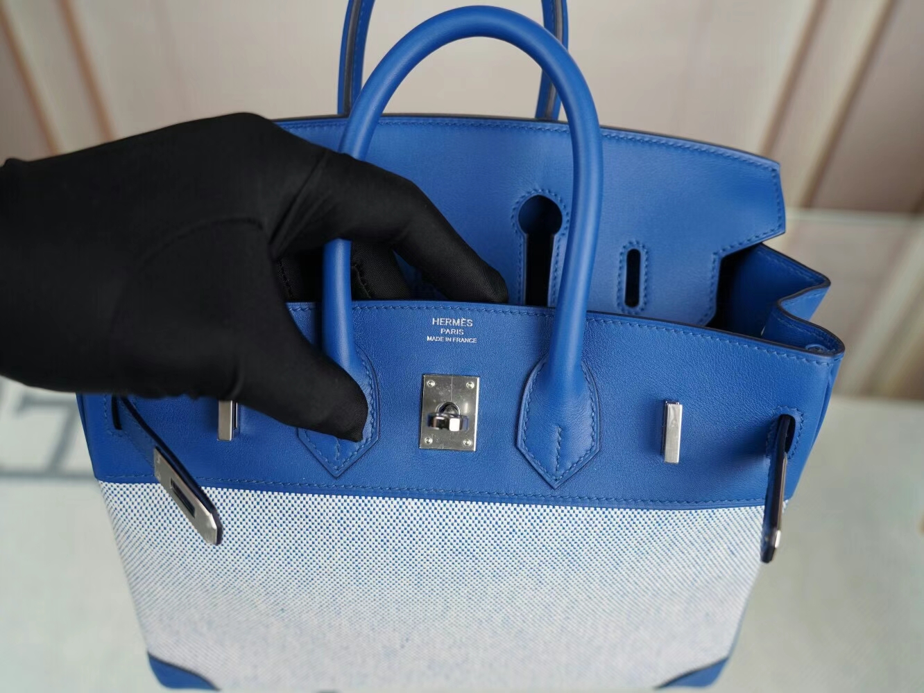 Hermes爱马仕限量款铂金包 帆布拼Swift皮CC71法国蓝Birkin25CM 银扣