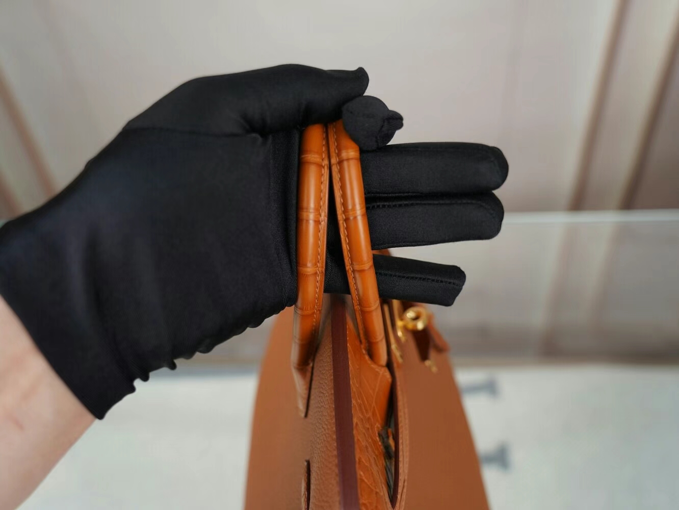 爱马仕Hermes Birkin Touch25CM CC37金棕Togo皮拼雾面方块鳄鱼皮 金扣
