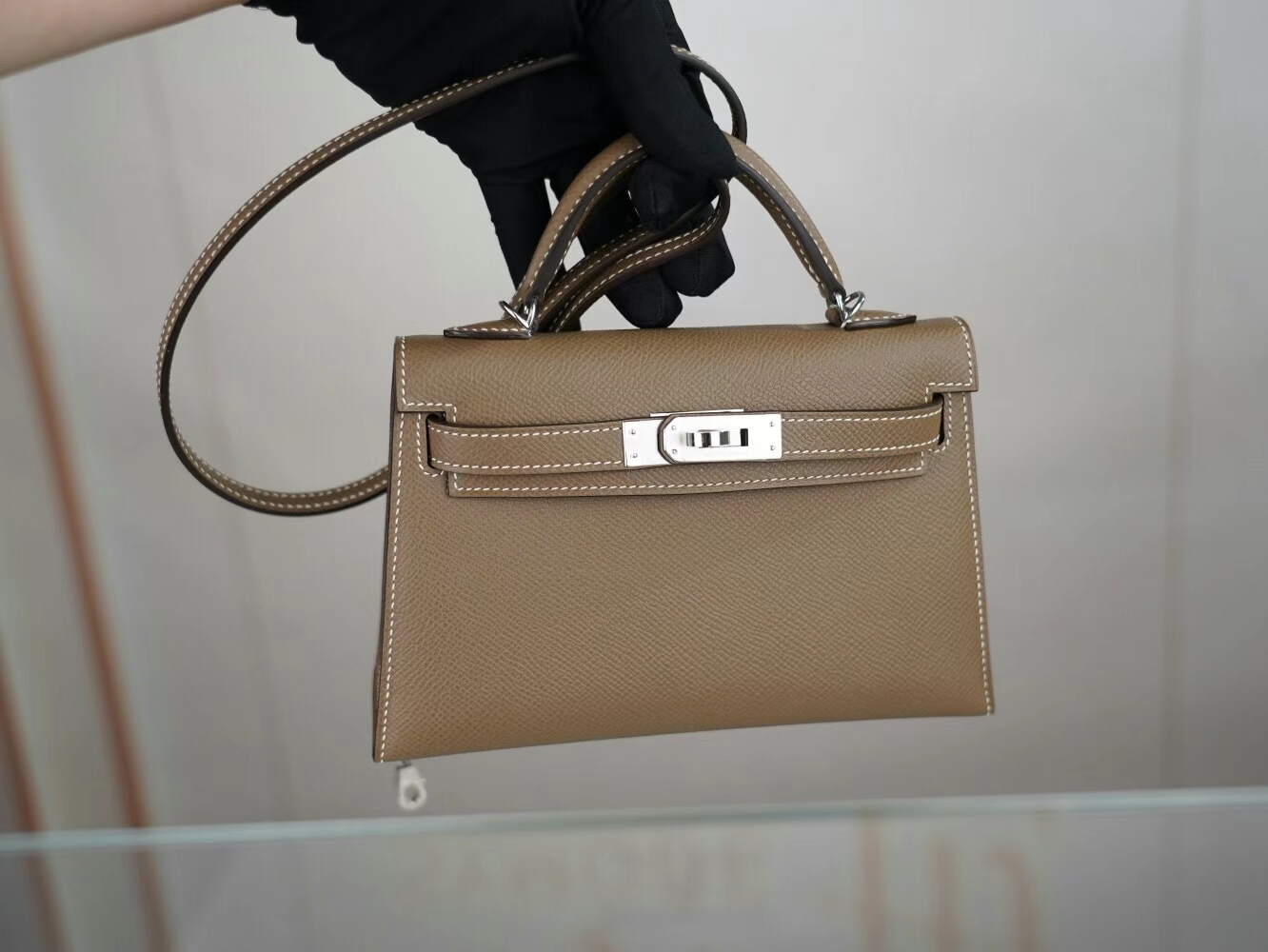 爱马仕迷你凯莉包二代 Hermes CK18大象灰Etoupe Epsom皮Mini Kelly19CM