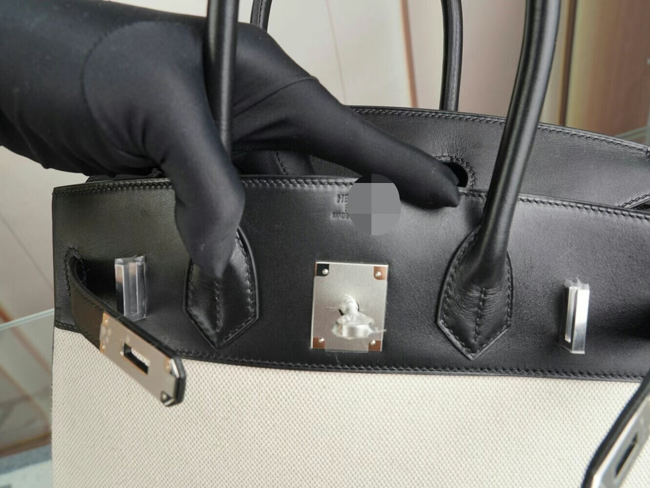 水也名品 Hermes Birkin30CM 爱马仕黑色马鞍皮拼帆布铂金包手提包 银扣