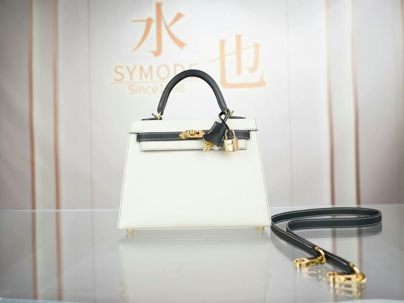 爱马仕限量熊猫包 Hermes Kelly 25CM 奶昔白拼黑色Epsom皮凯莉包 金扣