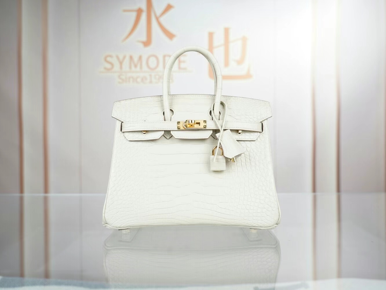 Symode Hermes Birkin25CM 爱马仕8L冰川白雾面两点鳄鱼皮铂金包 银扣