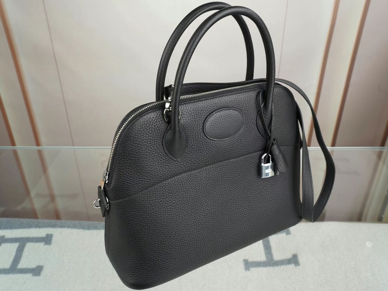 Symode爱马仕包包批发 Hermes Bolide 31CM 89黑色Noir TC牛皮保龄球包 银扣