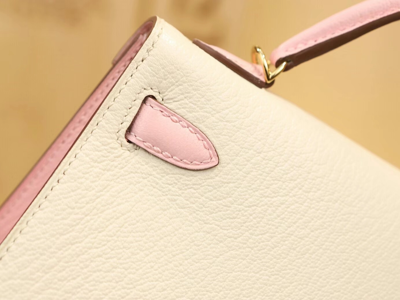Hermes Mini Kelly19CM 爱马仕I2奶油白拼3Q水粉色山羊皮迷你凯莉包二代