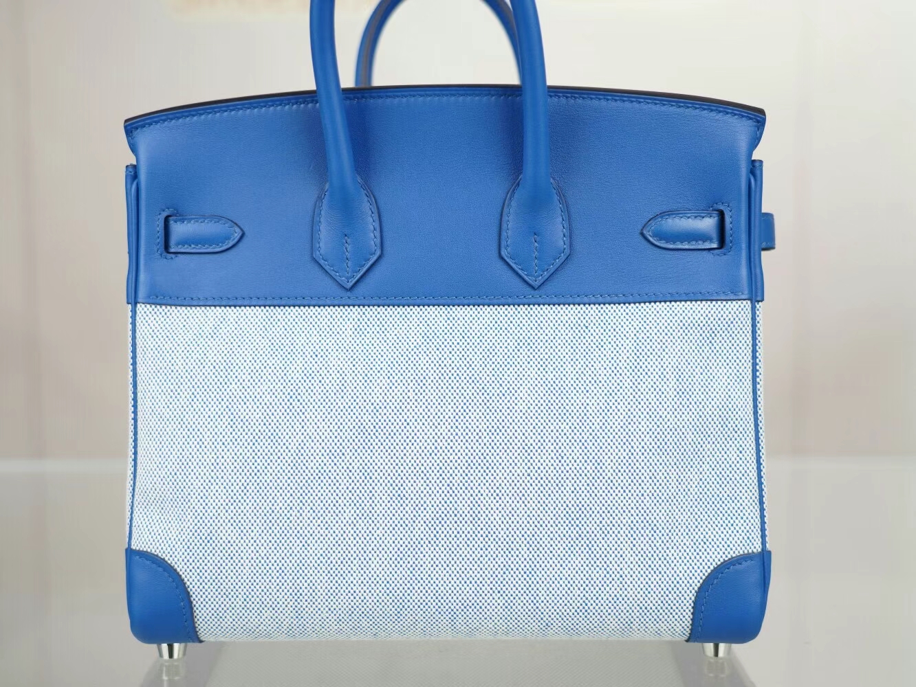 Hermes爱马仕限量款铂金包 帆布拼Swift皮CC71法国蓝Birkin25CM 银扣