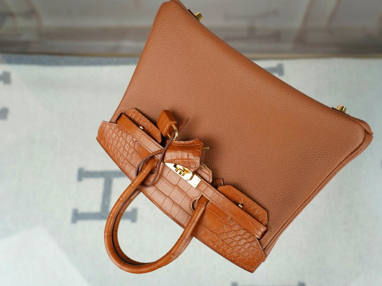 爱马仕Hermes Birkin Touch25CM CC37金棕Togo皮拼雾面方块鳄鱼皮 金扣