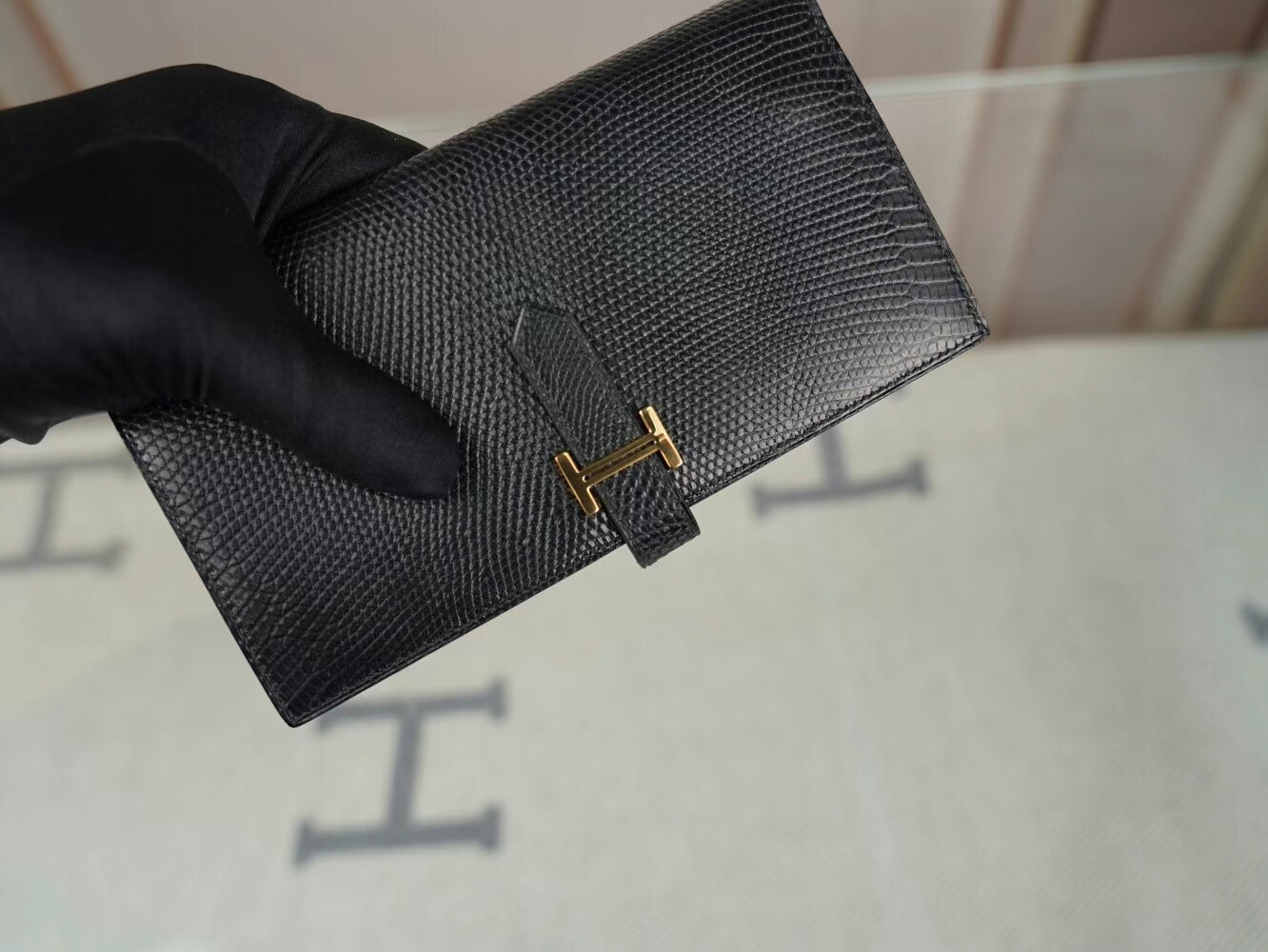 全手缝 Hermes Bearn Wallet 爱马仕89黑色蜥蜴皮H扣长款钱包 金/银扣