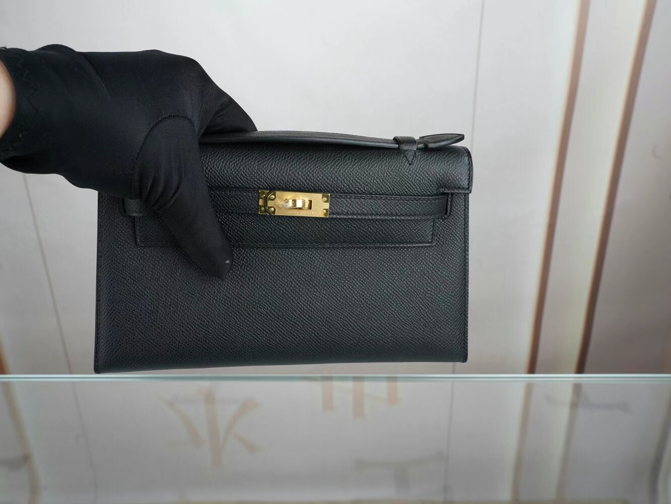 爱马仕迷你凯莉包一代 Hermes 89黑色Epsom皮Mini Kelly Pochette22cm 金扣
