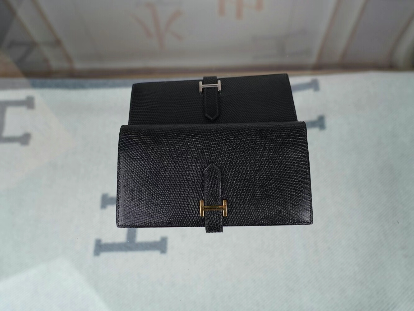 全手缝 Hermes Bearn Wallet 爱马仕89黑色蜥蜴皮H扣长款钱包 金/银扣