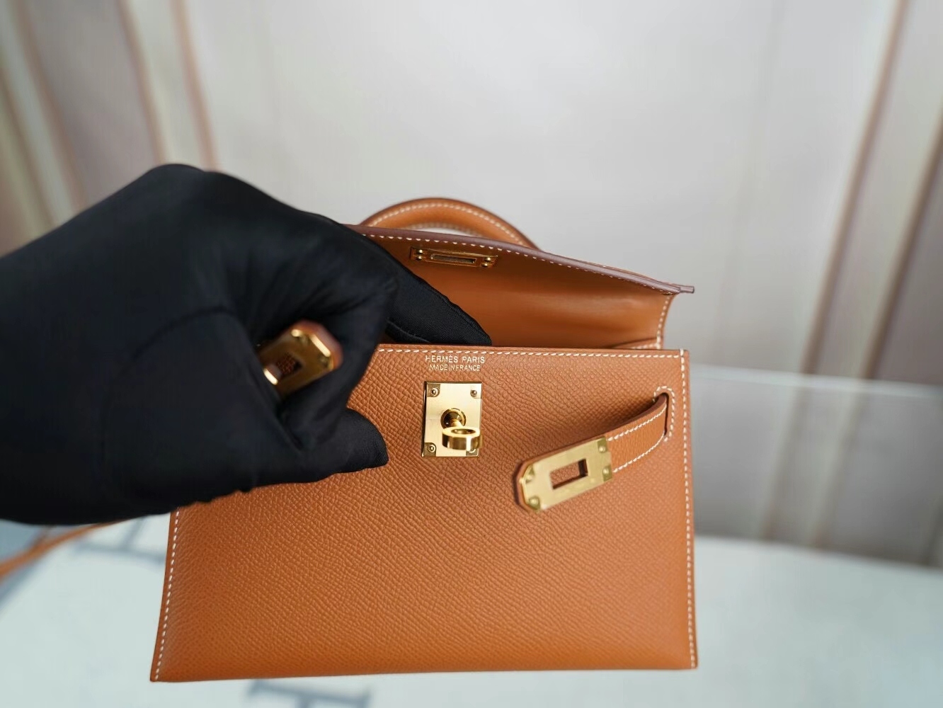 Hermes Mini Kelly19CM 爱马仕CK37金棕色Epsom皮迷你凯莉包二代 金扣