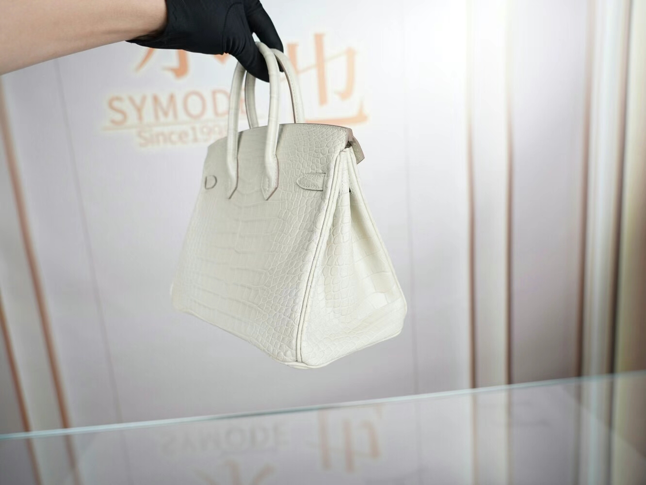 Symode Hermes Birkin25CM 爱马仕8L冰川白雾面两点鳄鱼皮铂金包 银扣