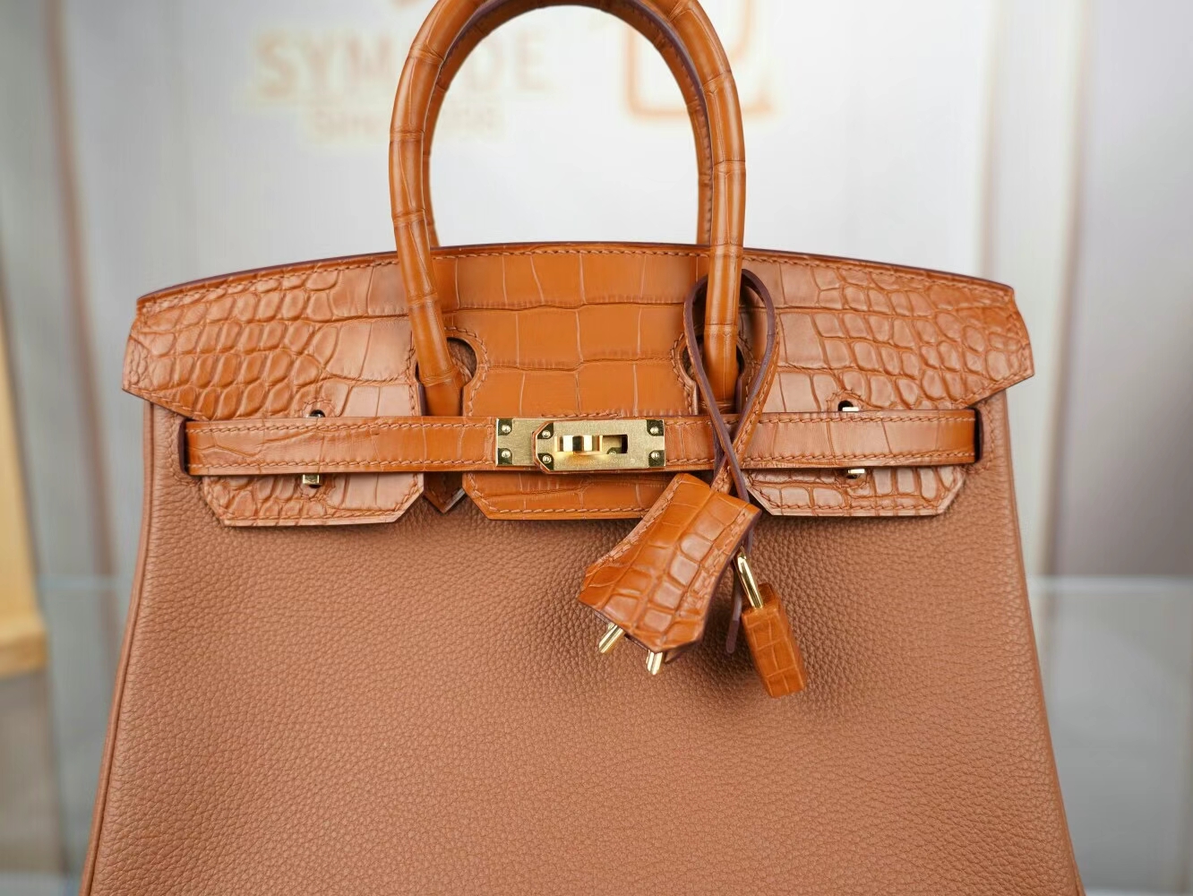 爱马仕Hermes Birkin Touch25CM CC37金棕Togo皮拼雾面方块鳄鱼皮 金扣