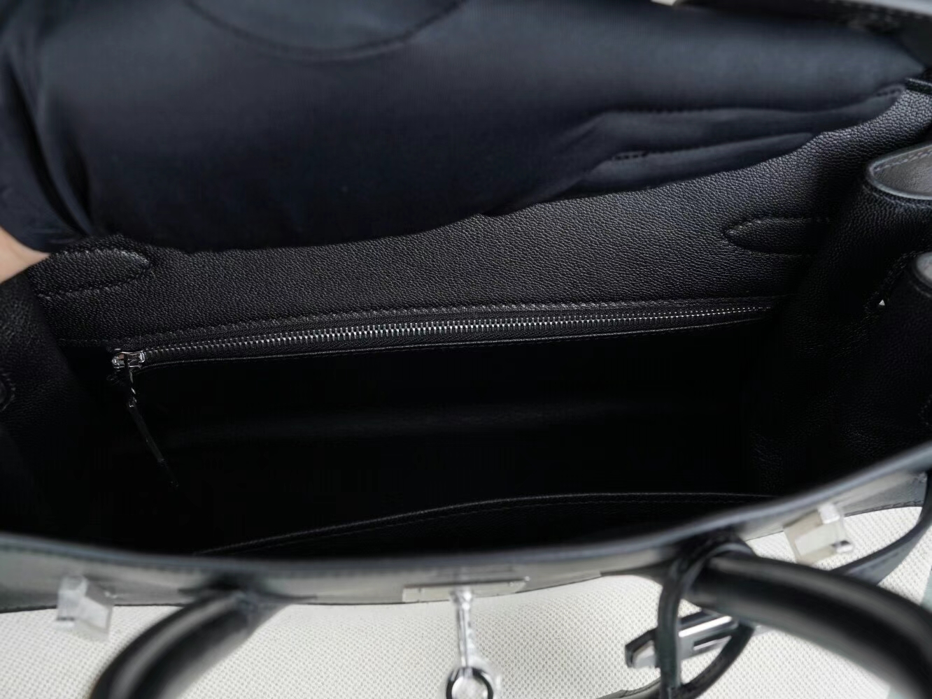 水也名品 Hermes Birkin30CM 爱马仕黑色马鞍皮拼帆布铂金包手提包 银扣