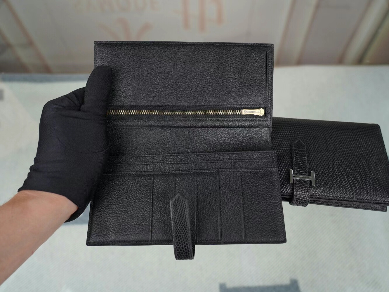 全手缝 Hermes Bearn Wallet 爱马仕89黑色蜥蜴皮H扣长款钱包 金/银扣