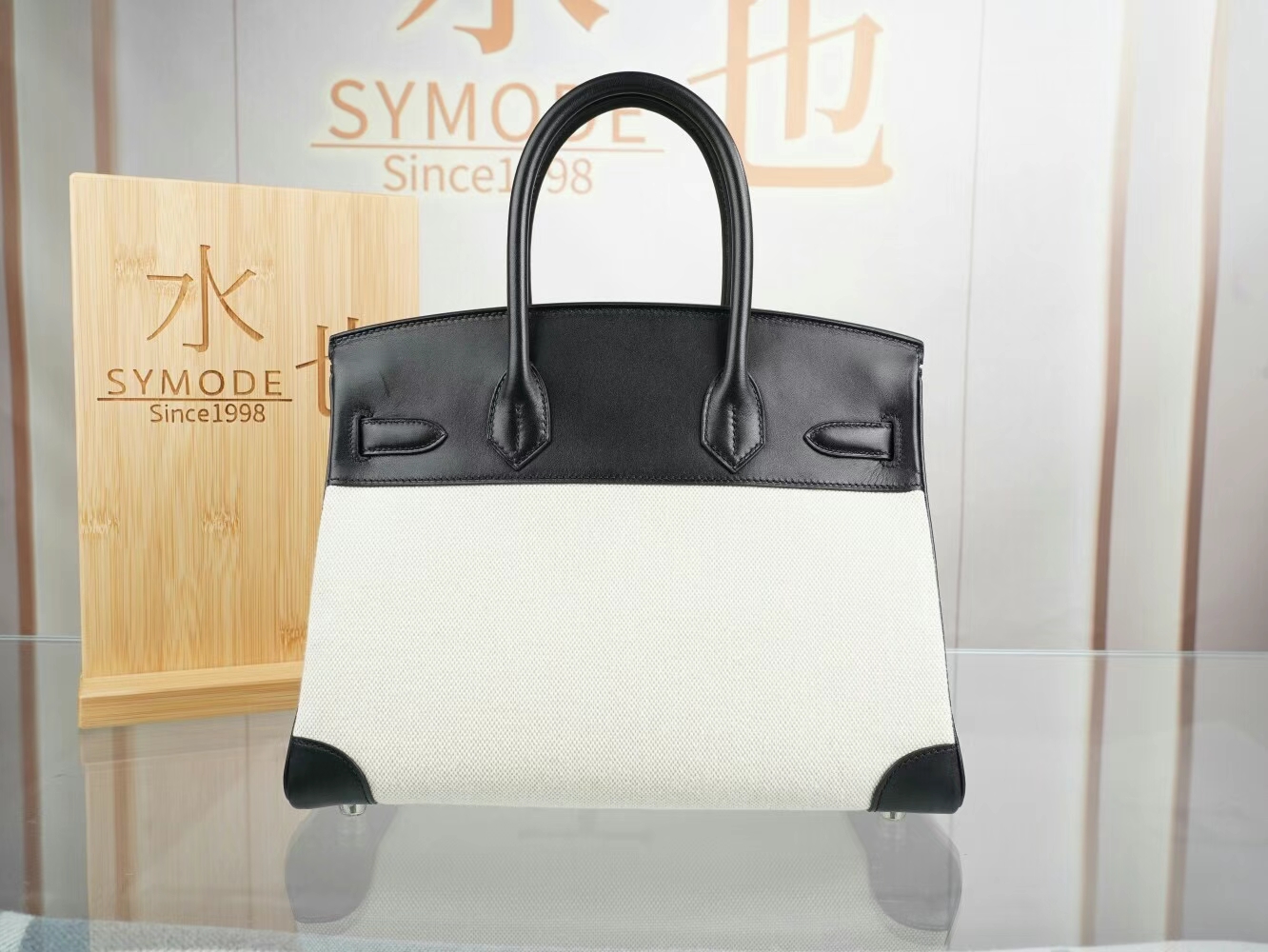 水也名品 Hermes Birkin30CM 爱马仕黑色马鞍皮拼帆布铂金包手提包 银扣