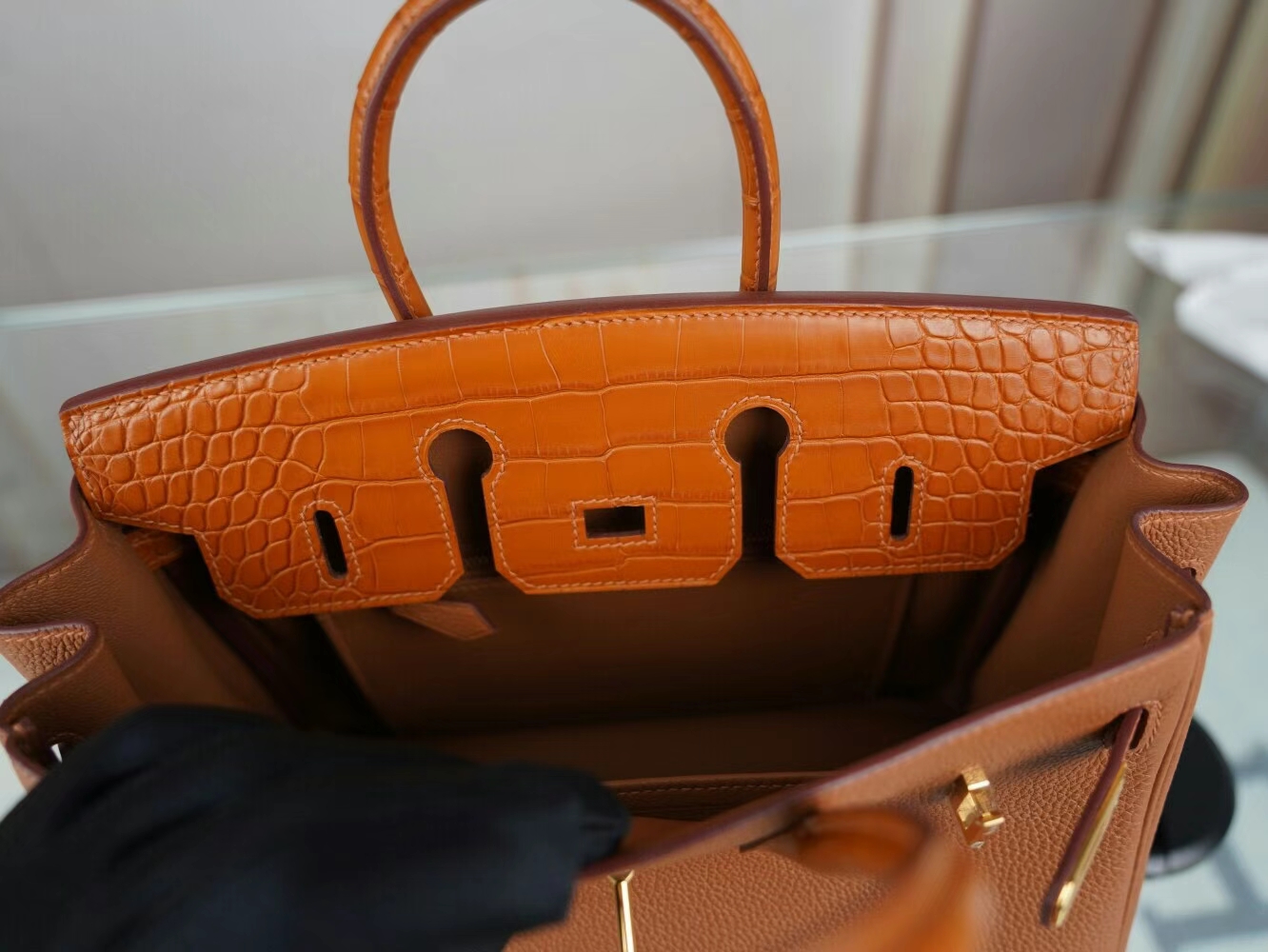 爱马仕Hermes Birkin Touch25CM CC37金棕Togo皮拼雾面方块鳄鱼皮 金扣