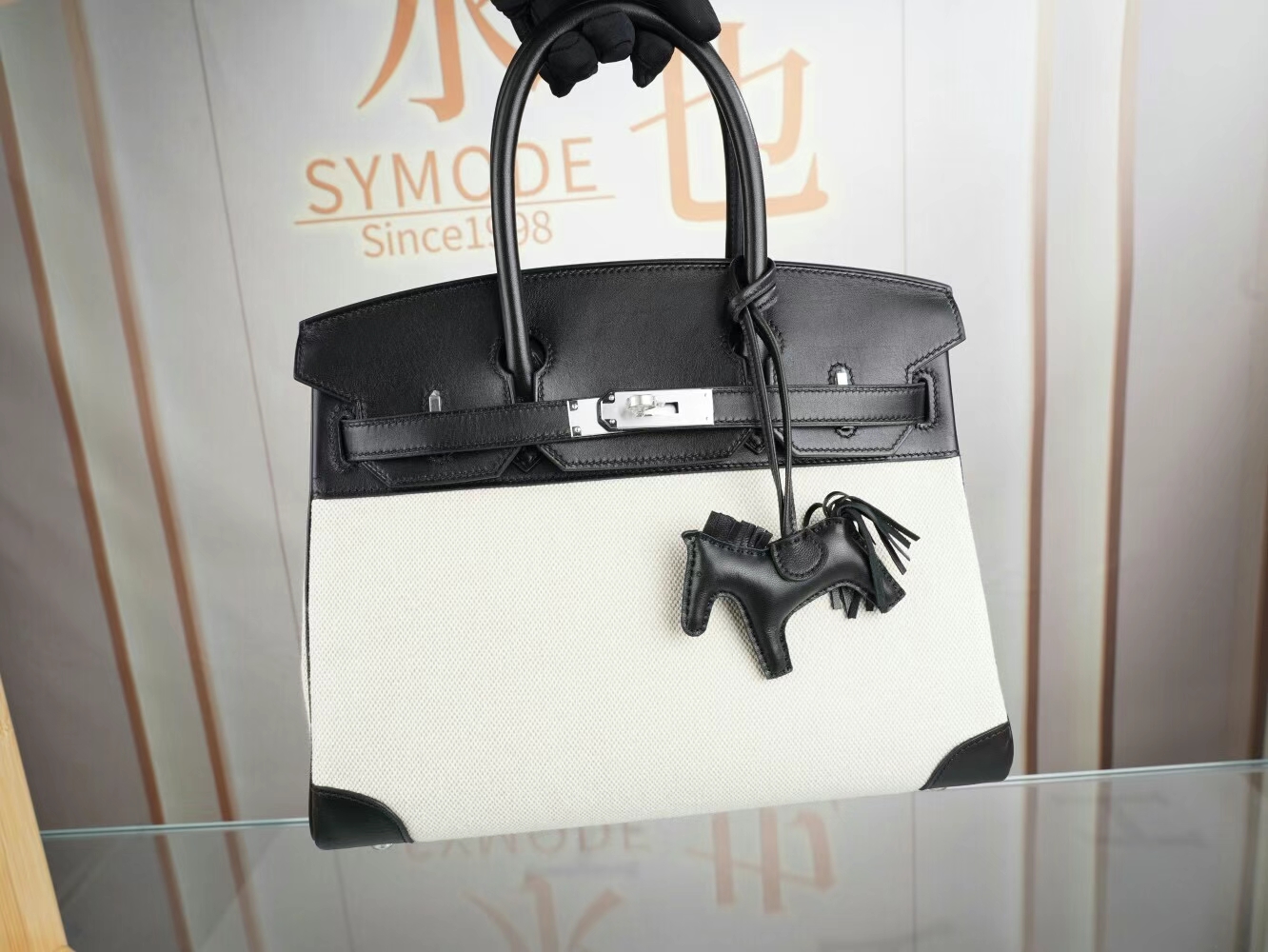 水也名品 Hermes Birkin30CM 爱马仕黑色马鞍皮拼帆布铂金包手提包 银扣