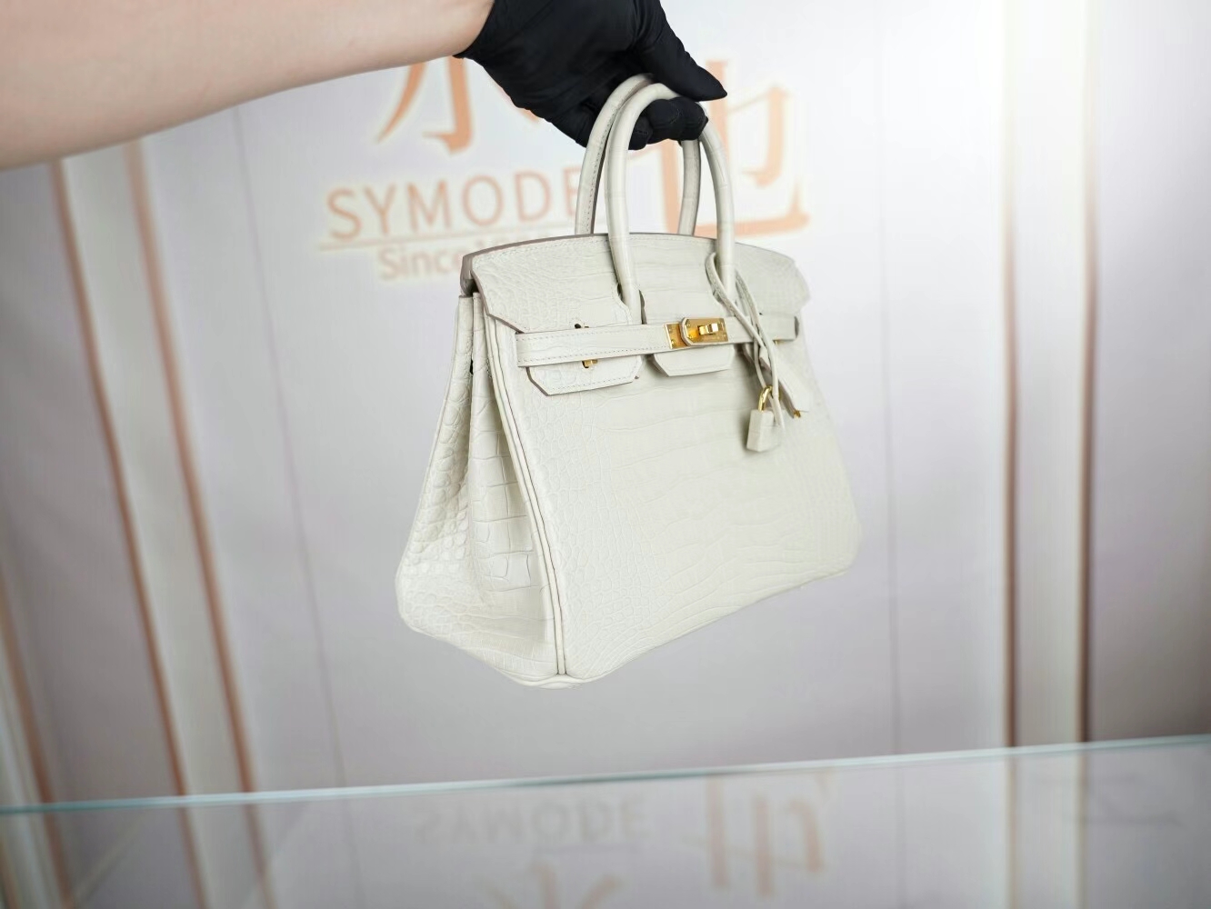 Symode Hermes Birkin25CM 爱马仕8L冰川白雾面两点鳄鱼皮铂金包 银扣