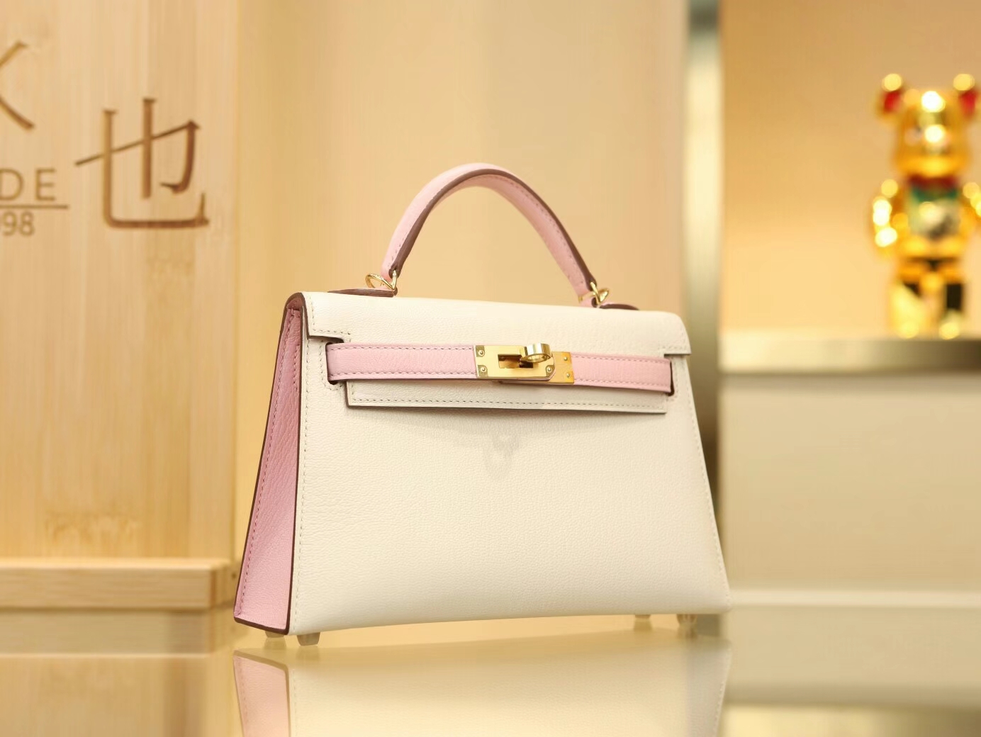 Hermes Mini Kelly19CM 爱马仕I2奶油白拼3Q水粉色山羊皮迷你凯莉包二代