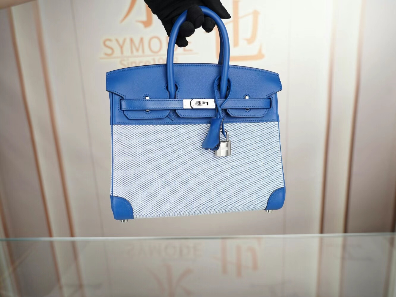 Hermes爱马仕限量款铂金包 帆布拼Swift皮CC71法国蓝Birkin25CM 银扣