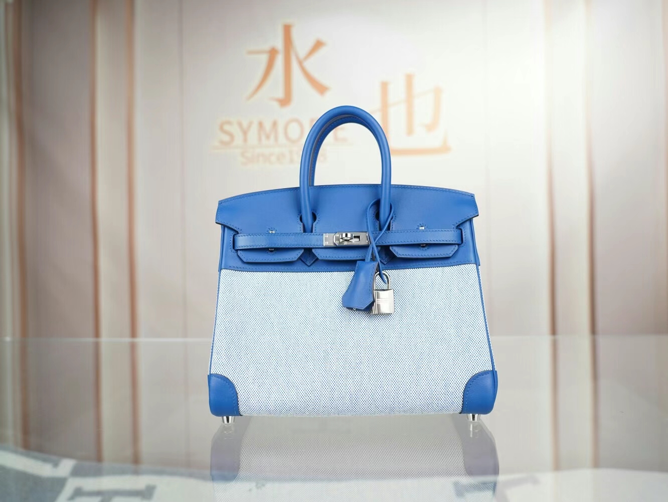 Hermes爱马仕限量款铂金包 帆布拼Swift皮CC71法国蓝Birkin25CM 银扣