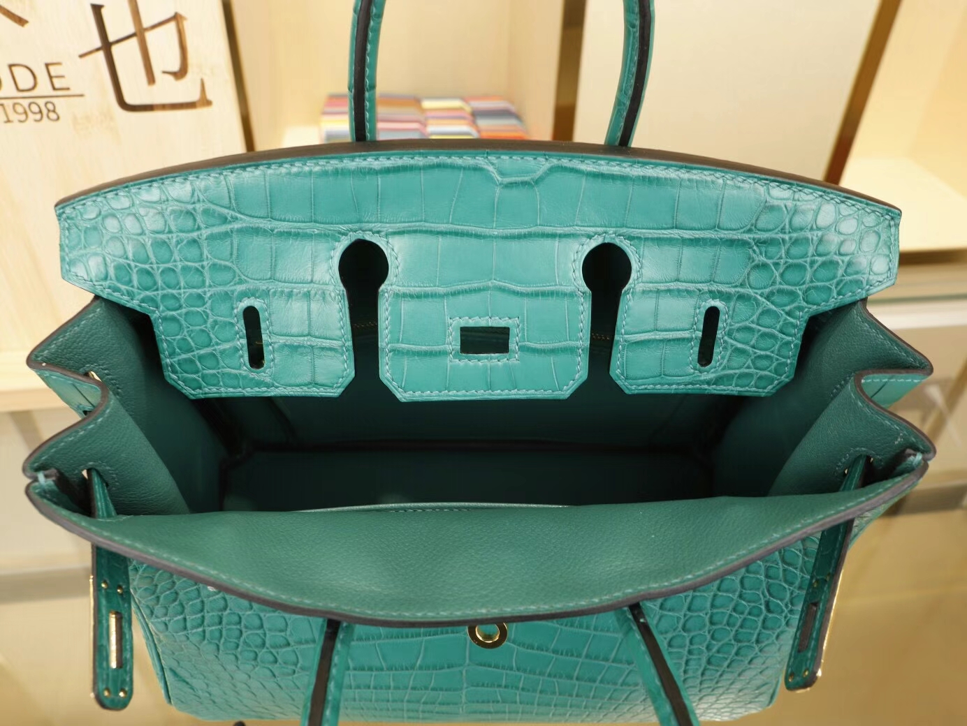 Symode爱马仕铂金包 Hermes 6Q翡翠绿雾面方块鳄鱼皮Birkin25CM 金扣