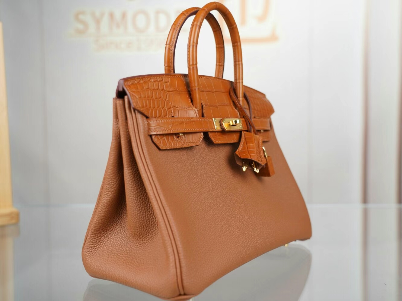 爱马仕Hermes Birkin Touch25CM CC37金棕Togo皮拼雾面方块鳄鱼皮 金扣