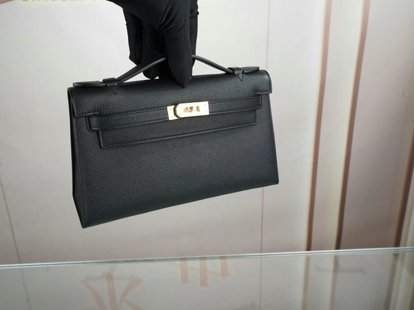 爱马仕迷你凯莉包一代 Hermes 89黑色Epsom皮Mini Kelly Pochette22cm 金扣