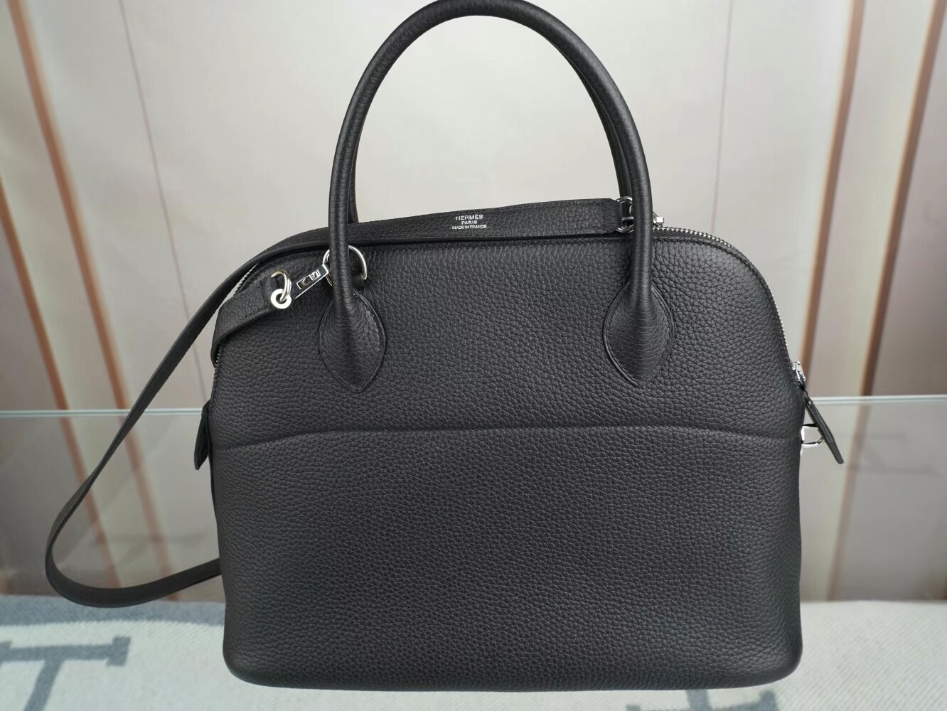 Symode爱马仕包包批发 Hermes Bolide 31CM 89黑色Noir TC牛皮保龄球包 银扣