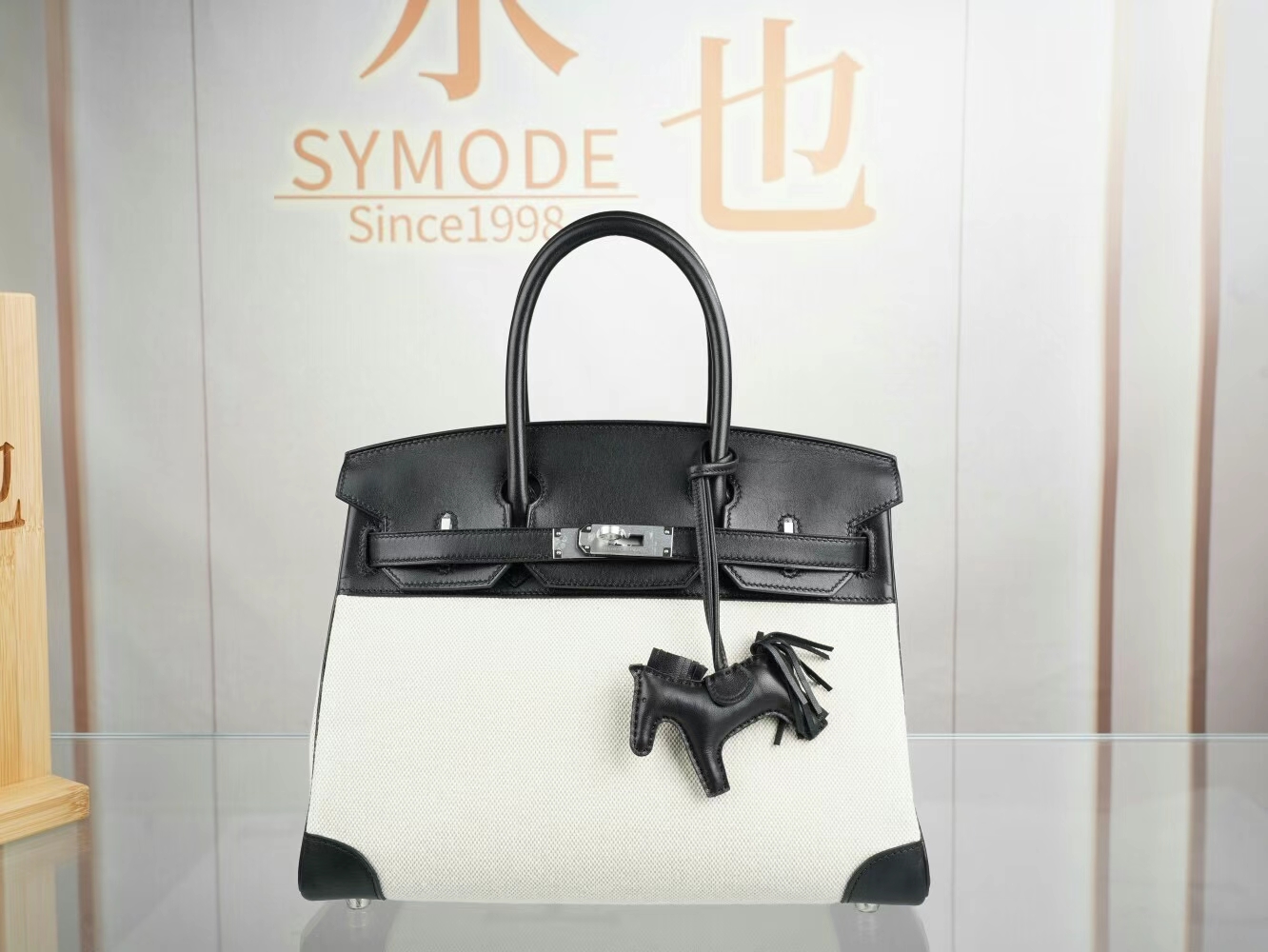 水也名品 Hermes Birkin30CM 爱马仕黑色马鞍皮拼帆布铂金包手提包 银扣