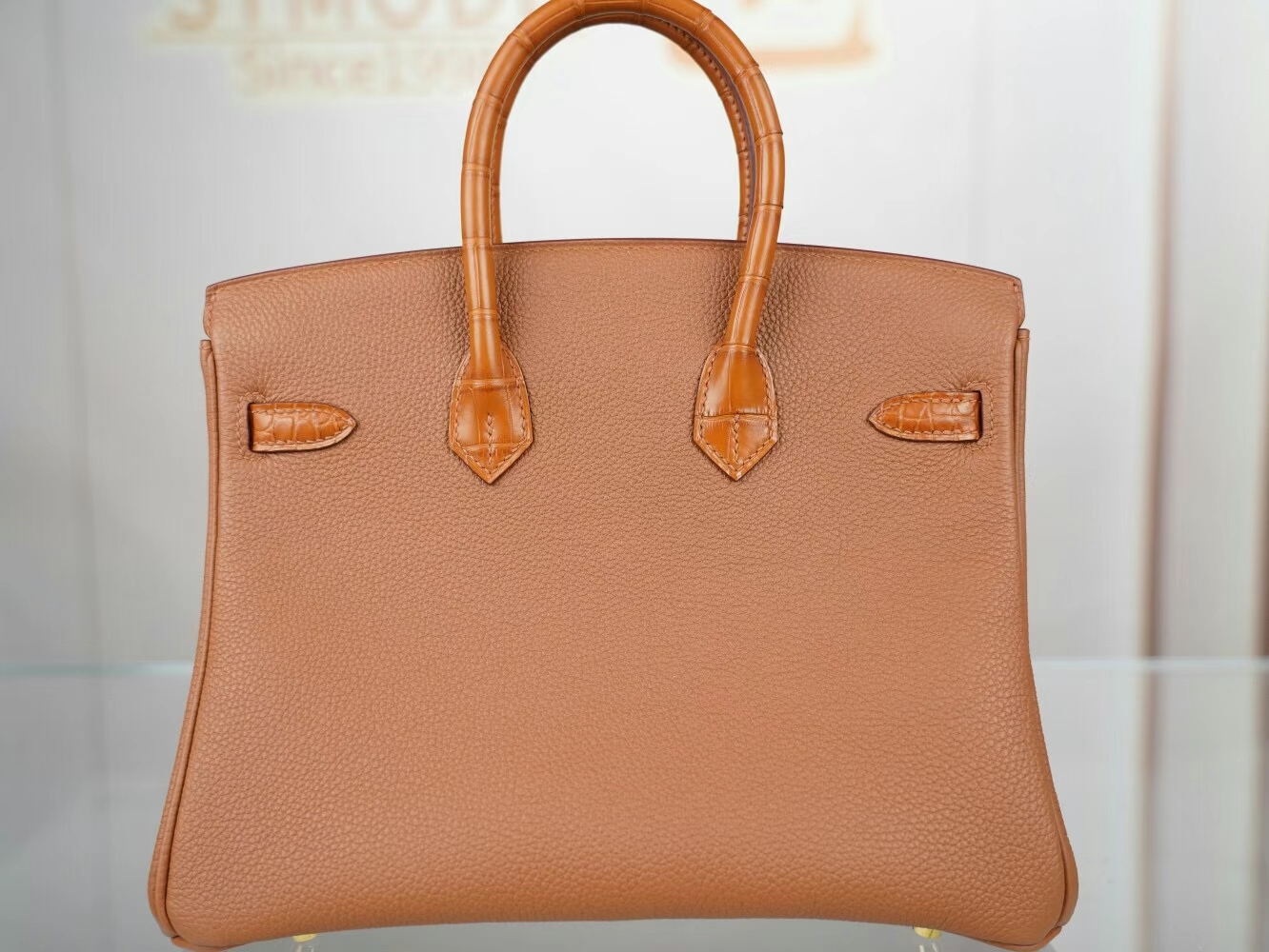 爱马仕Hermes Birkin Touch25CM CC37金棕Togo皮拼雾面方块鳄鱼皮 金扣