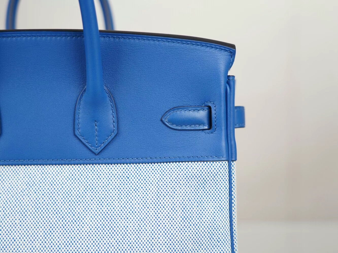 Hermes爱马仕限量款铂金包 帆布拼Swift皮CC71法国蓝Birkin25CM 银扣