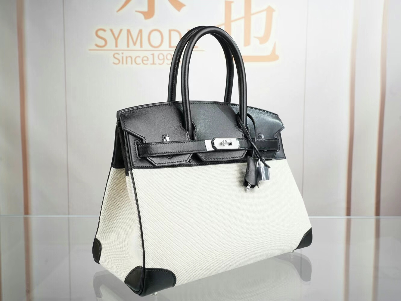 水也名品 Hermes Birkin30CM 爱马仕黑色马鞍皮拼帆布铂金包手提包 银扣