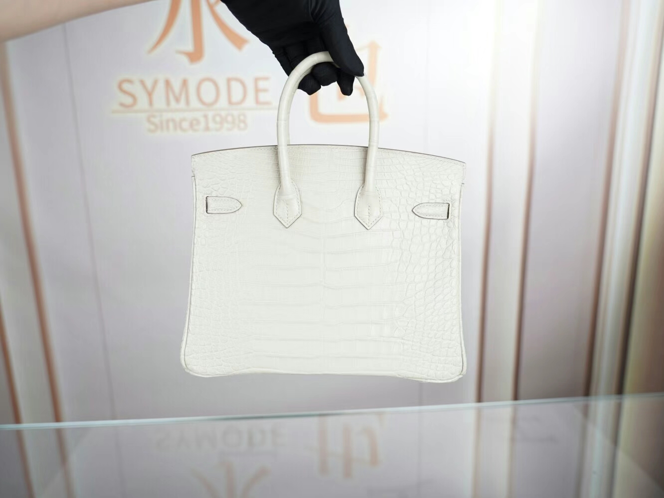 Symode Hermes Birkin25CM 爱马仕8L冰川白雾面两点鳄鱼皮铂金包 银扣