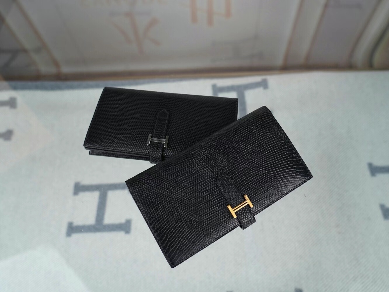 全手缝 Hermes Bearn Wallet 爱马仕89黑色蜥蜴皮H扣长款钱包 金/银扣