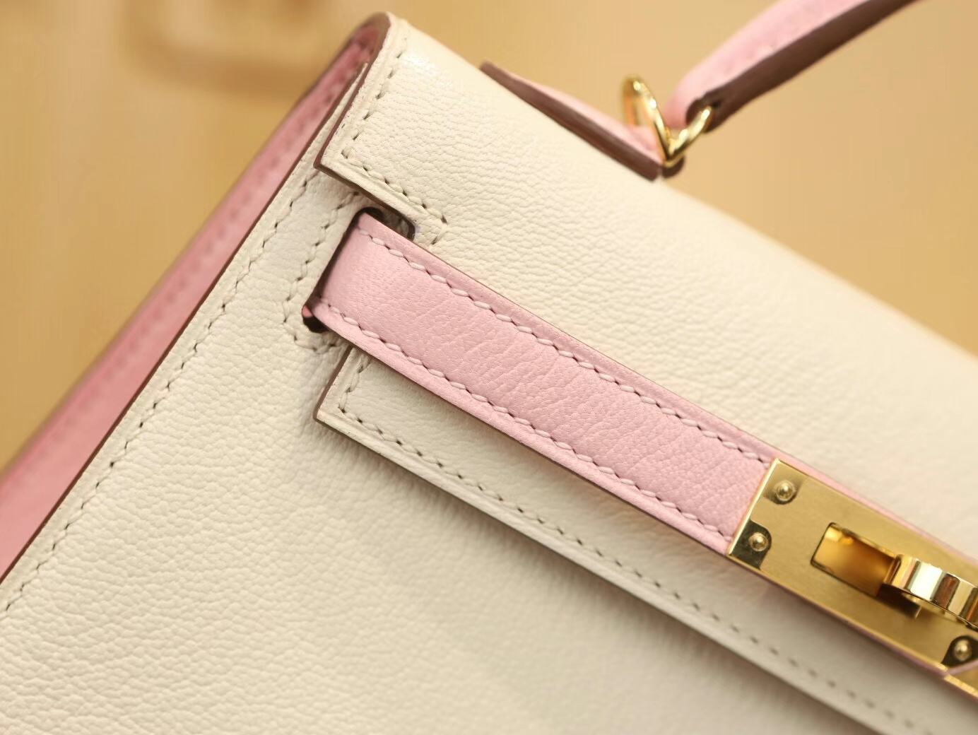 Hermes Mini Kelly19CM 爱马仕I2奶油白拼3Q水粉色山羊皮迷你凯莉包二代