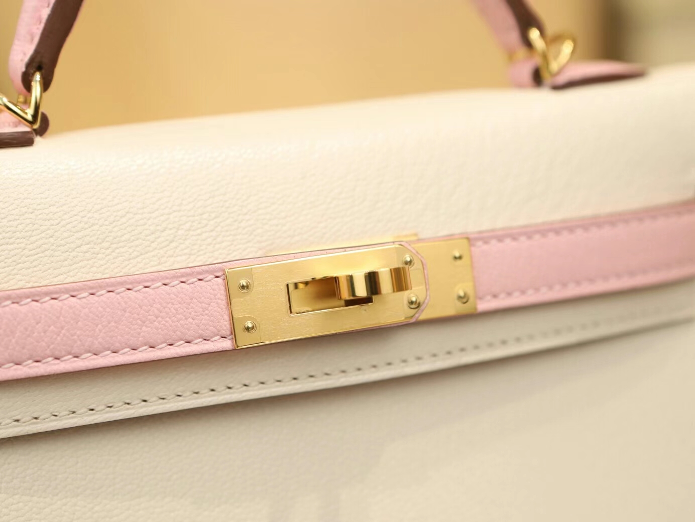 Hermes Mini Kelly19CM 爱马仕I2奶油白拼3Q水粉色山羊皮迷你凯莉包二代