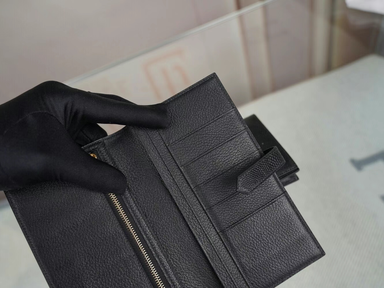 全手缝 Hermes Bearn Wallet 爱马仕89黑色蜥蜴皮H扣长款钱包 金/银扣