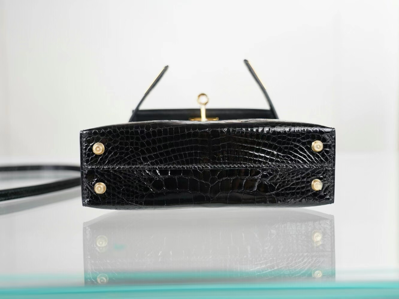 Hermes Mini Kelly19CM 爱马仕89黑色亮面方块鳄鱼皮迷你凯莉包二代 金扣